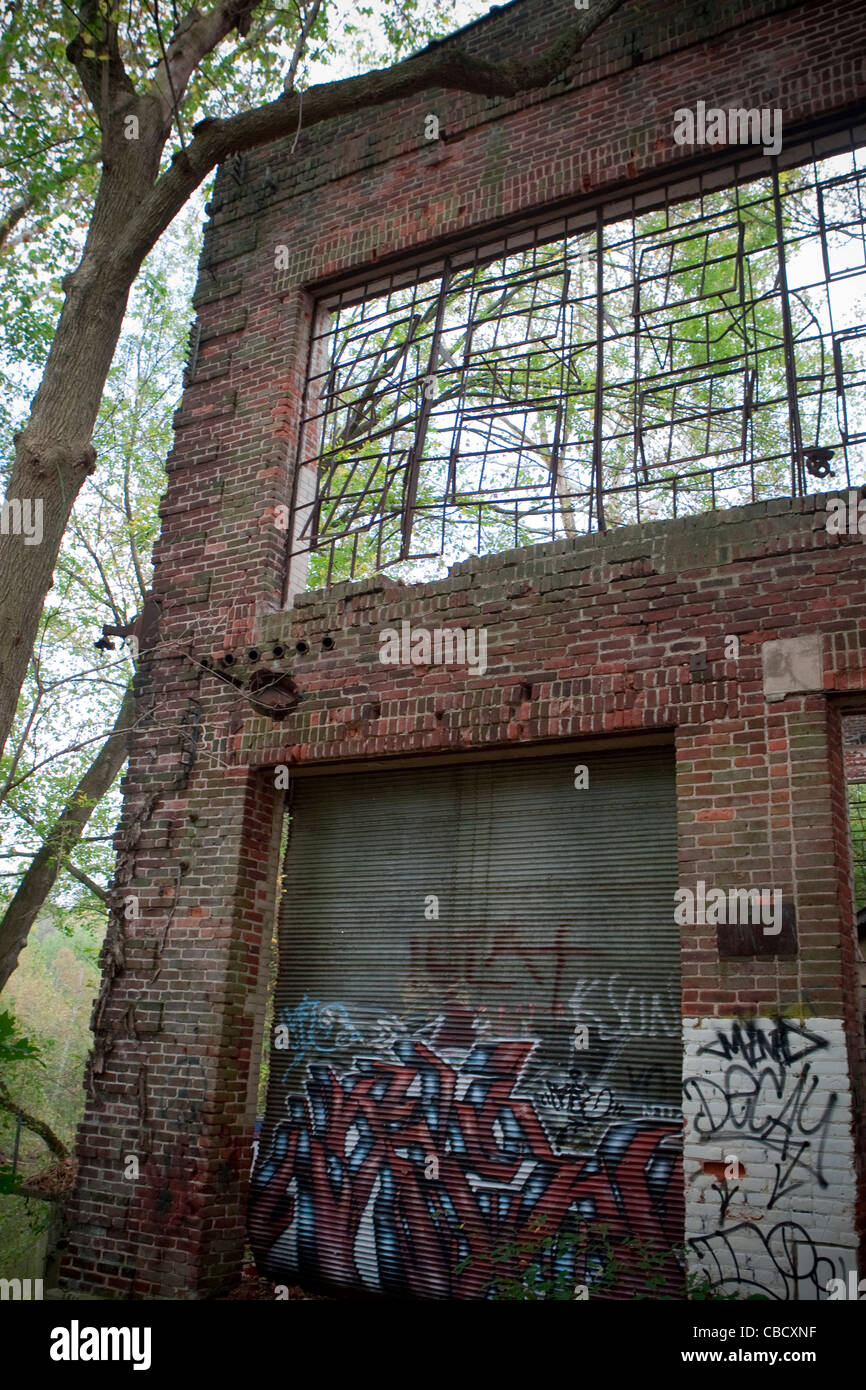 Die verlassenen Charlottesville Woolen Mills-Website fällt in Graffiti, Charlottesville, VA. Stockfoto