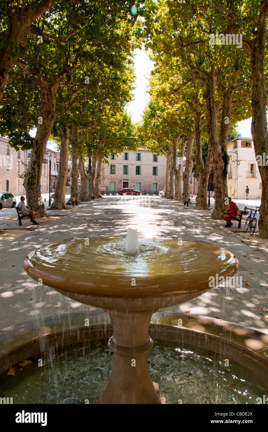 ein Brunnen in einem Baum gesäumten Platz in Gignac Hérault Languedoc-Roussillon Frankreich Stockfoto