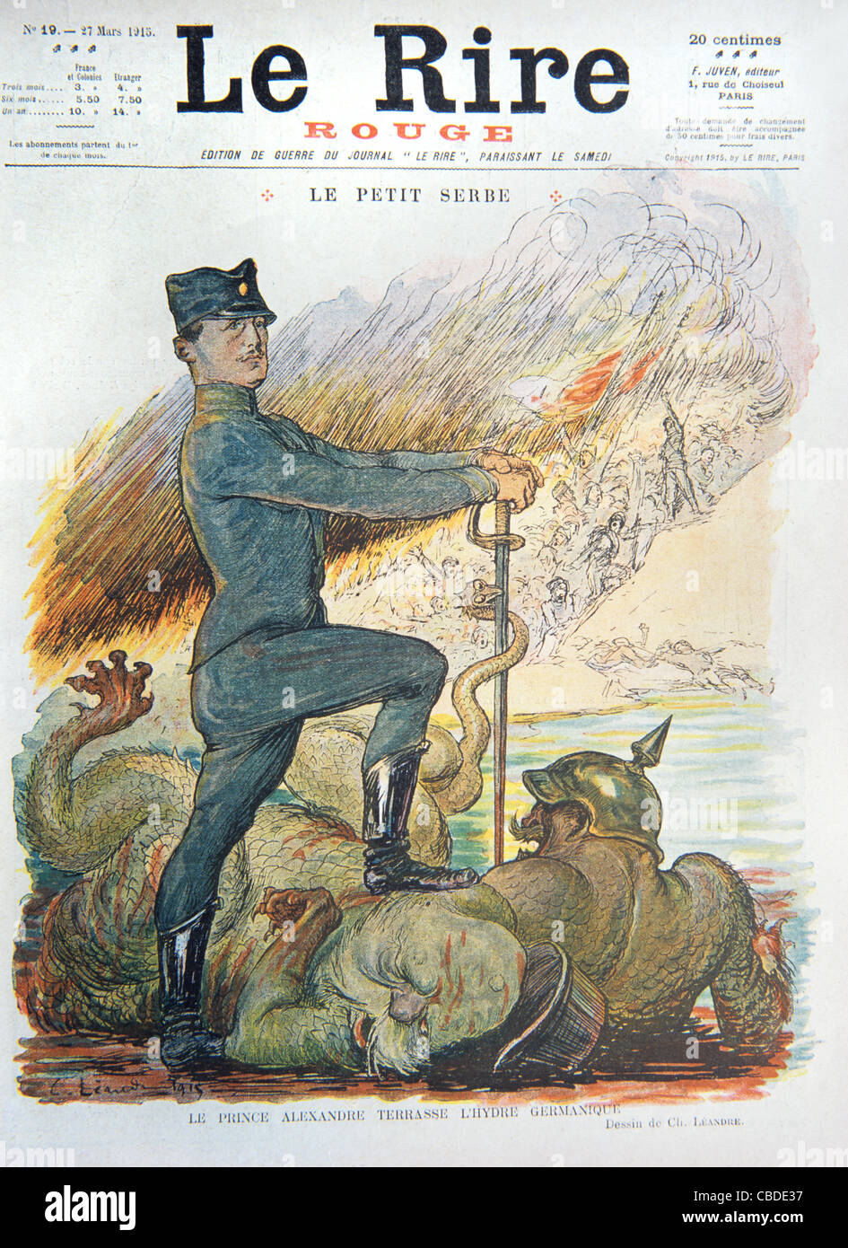 Alexander I. von Jugoslawien wurde als Terrorist der deutschen Hydra während des Ersten Weltkriegs dargestellt. Kriegspropaganda oder Cover der Kriegsausgabe des französischen Satiremagazins 'Le Rire' März 1915. Stockfoto