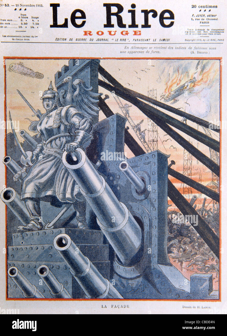 Die deutsche Armee oder Kriegsmaschine versteckt hinter einer Fassade. Kriegspropaganda oder Cover des französischen Satiremagazins 'Le Rire' November 1915. Erster Weltkrieg Stockfoto