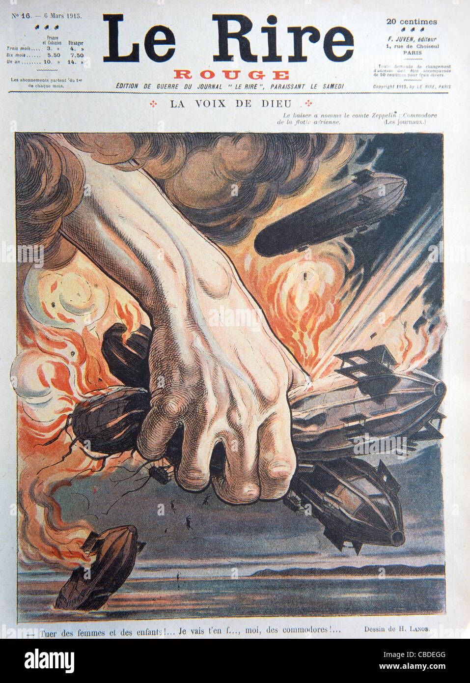 Deutsche Zeppelin-Bomber, die im Ersten Weltkrieg bei Luftangriffen eingesetzt und von der französischen Armee zerstört wurden. Titelbild von war Ed des französischen Satiremagazins 'Le Rire', März 1915. Vintage-Illustration Stockfoto