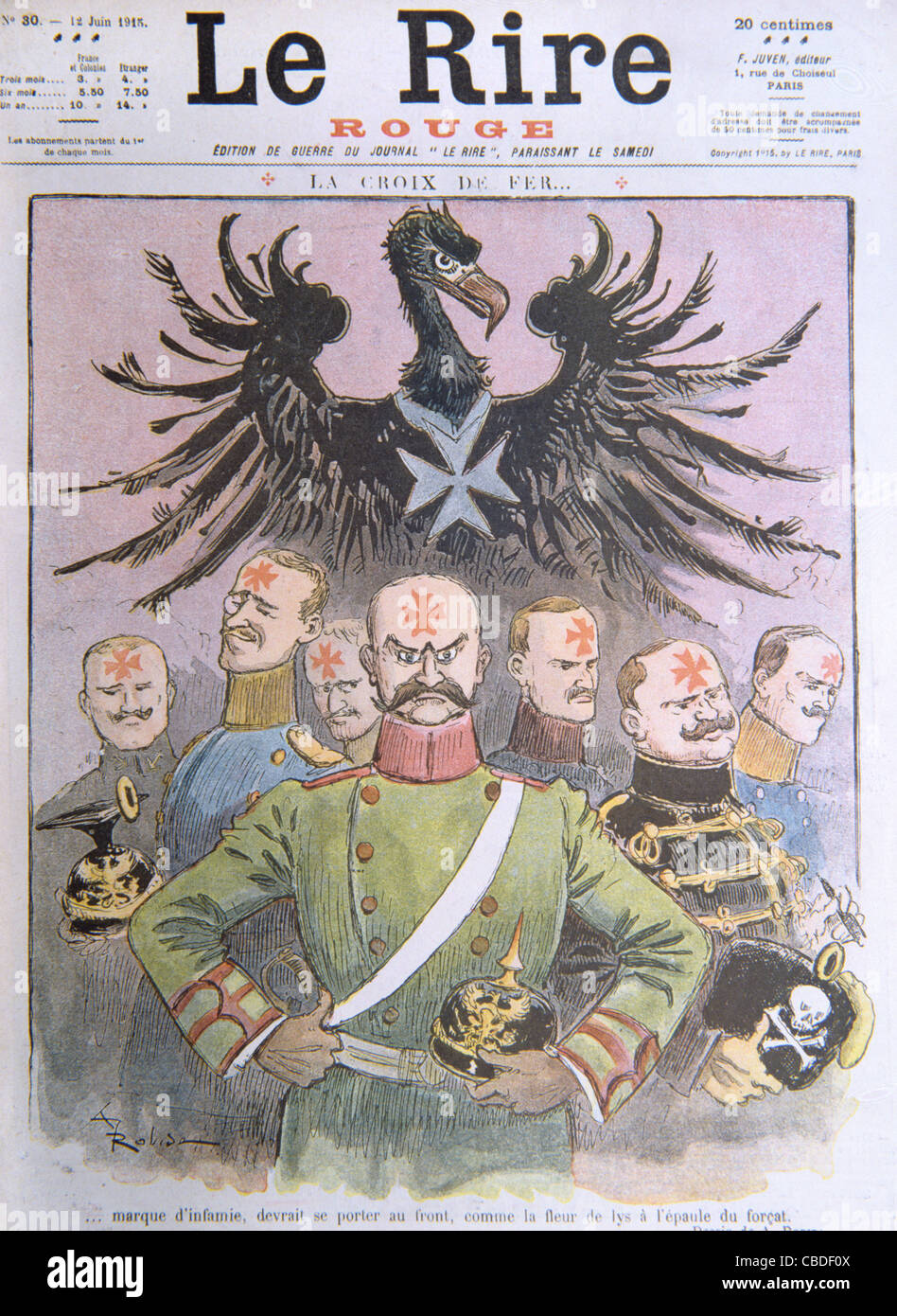 Bundeswehr, Offiziere & Eisernes Kreuz. Krieg-Ausgabe des französischen Satiremagazins "Le Rire" Juni 1915. Erster Weltkrieg. Deutschland-Symbol Stockfoto