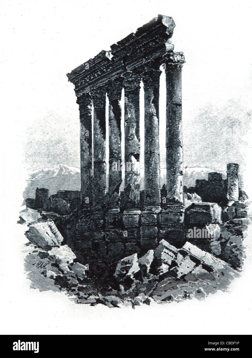 Römischer Tempel des Jupiter, Beqaa Valley, Baalbek, Libanon. C19th Gravieren oder Vintage Gravieren Stockfoto