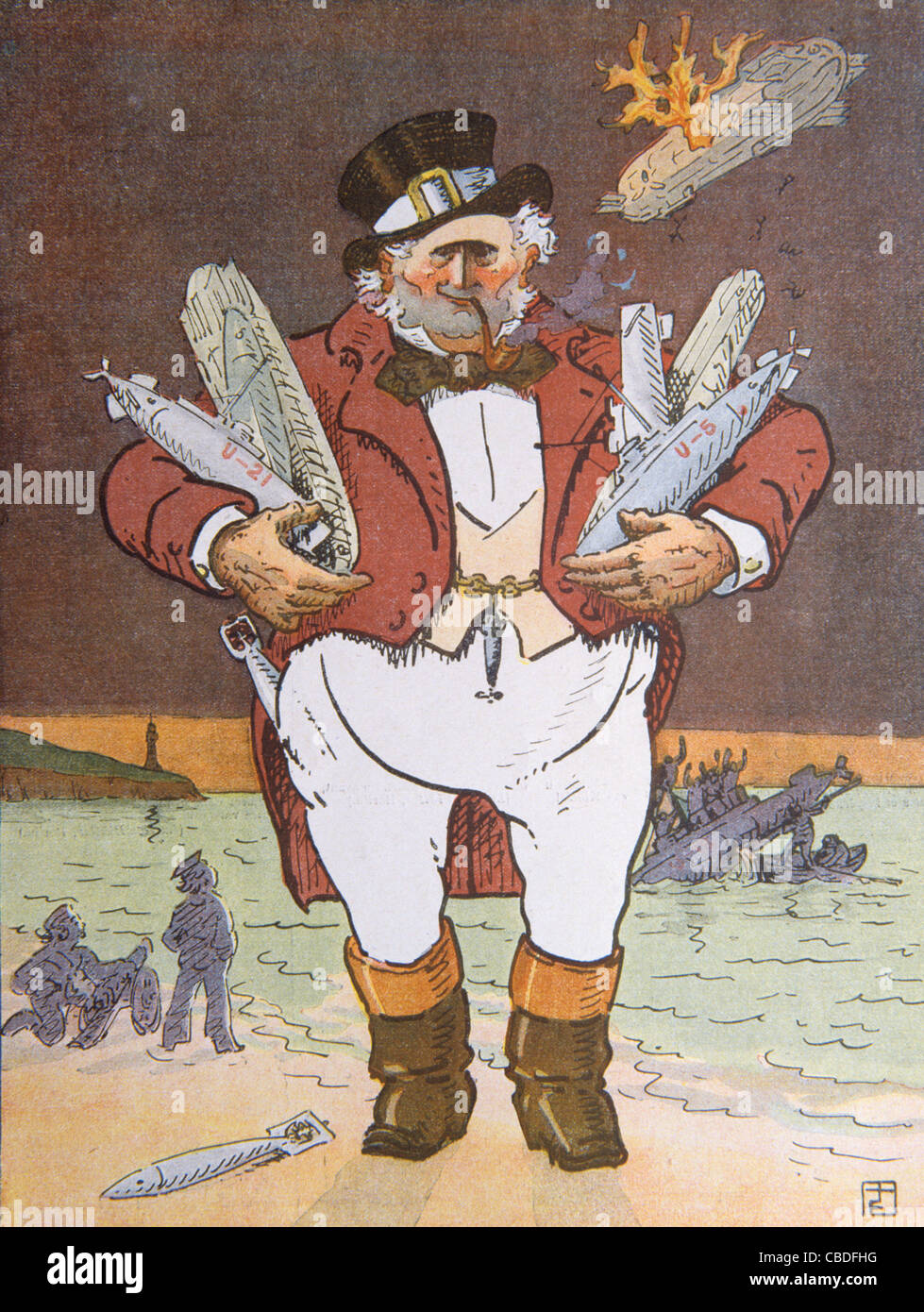 John Bull Verdammt Kaiser Wilhelm! Was für ein Joker!' Zeigt John Bull mit der Deteated Germany Army inklusive Zeppeline & Torpedos. Kriegsausgabe des französischen Satiremagazins 'Le Rire', April 1915. Erster Weltkrieg. Vintage-Illustration Stockfoto