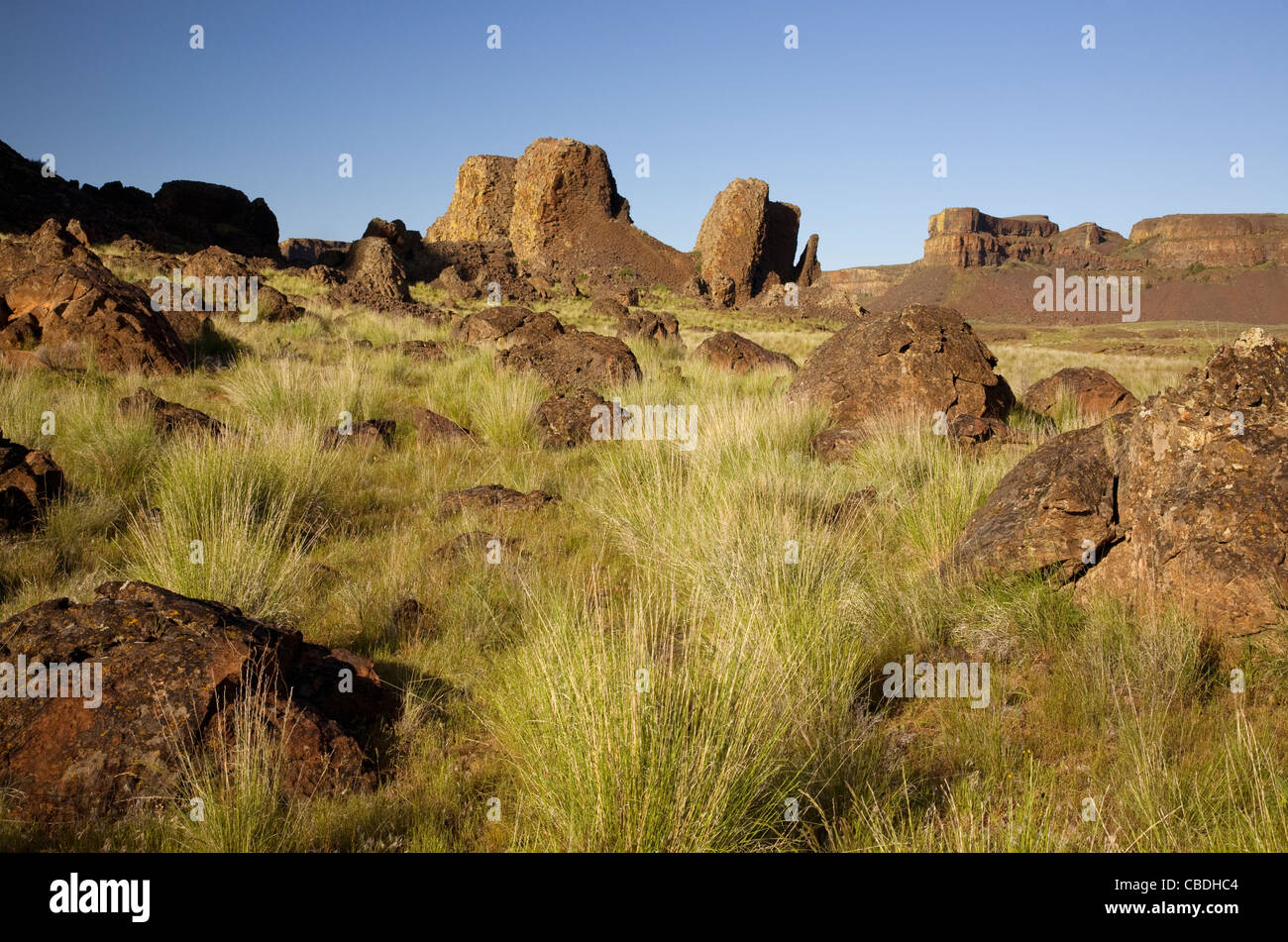 WASHINGTON - Basalt Steinen und Säulen im Sun Lakes-Dry fällt State Park in der unteren Grand Coulee. Stockfoto