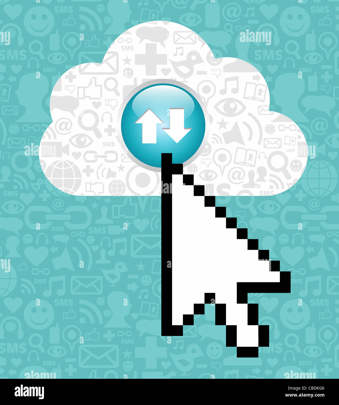 Pfeil-Cursor anklicken eine Wolke mit Icons von social Media auf blauem Hintergrund. Vektor-Datei zur Verfügung. Stockfoto