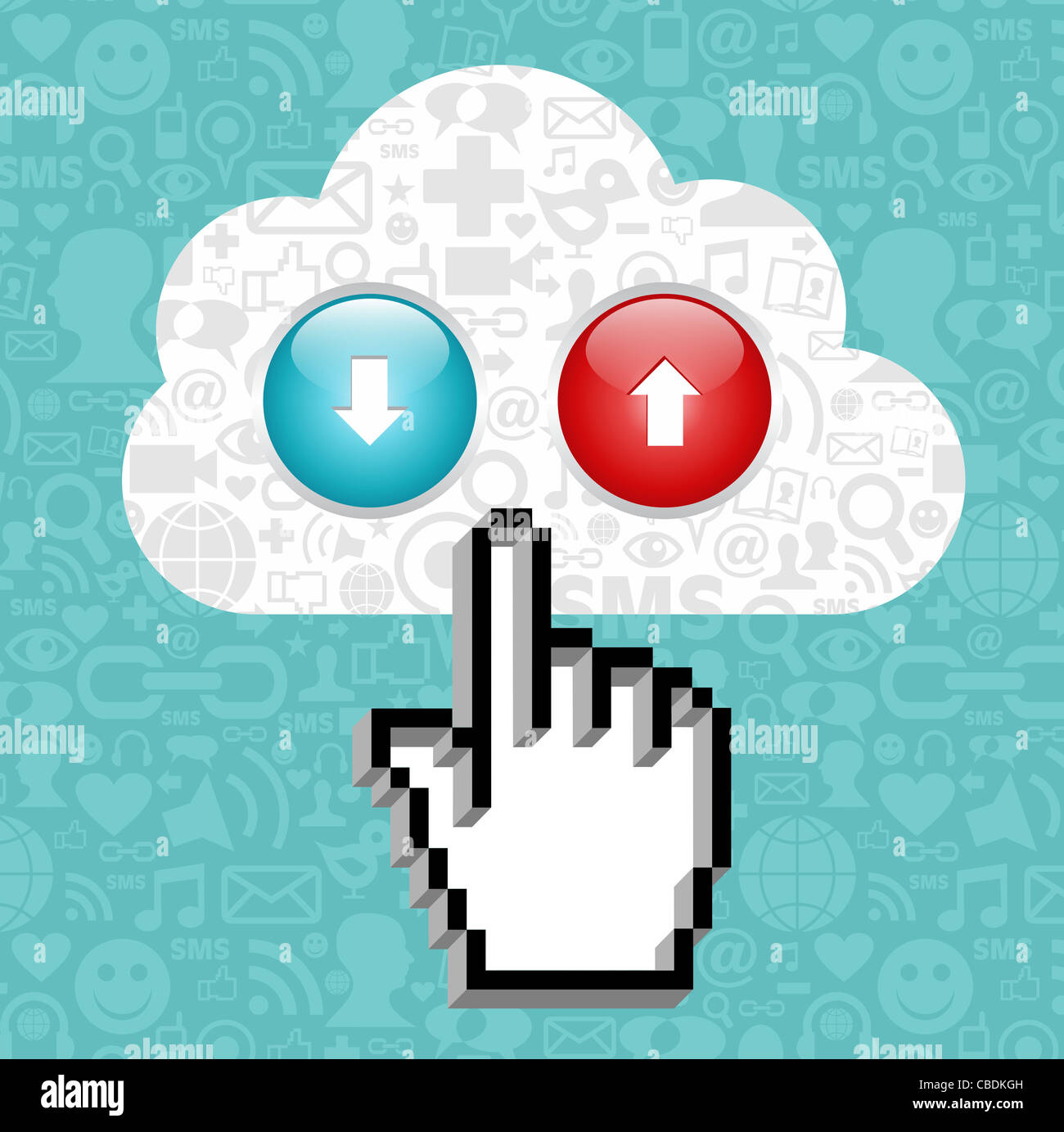 Cursor Hand anklicken eine Wolke mit Icons von social Media und Pfeile nach oben und unten auf blauem Hintergrund. Vektor-Datei zur Verfügung. Stockfoto
