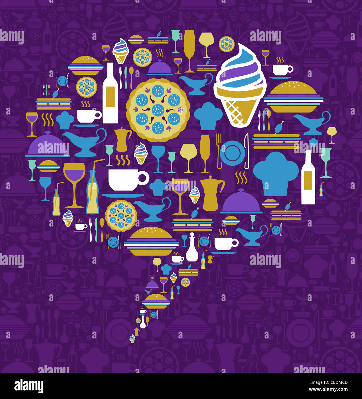 Dialog-Blase Form gebildet mit Gourmet-Symbole auf violettem Hintergrund. Vektor-Datei zur Verfügung. Stockfoto