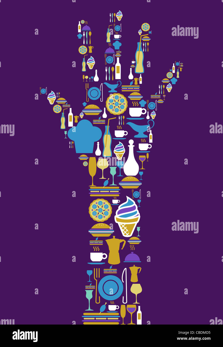 Menschliche Handform gebildet mit Gourmet-Iconset auf violettem Hintergrund. Vektor-Datei zur Verfügung. Stockfoto