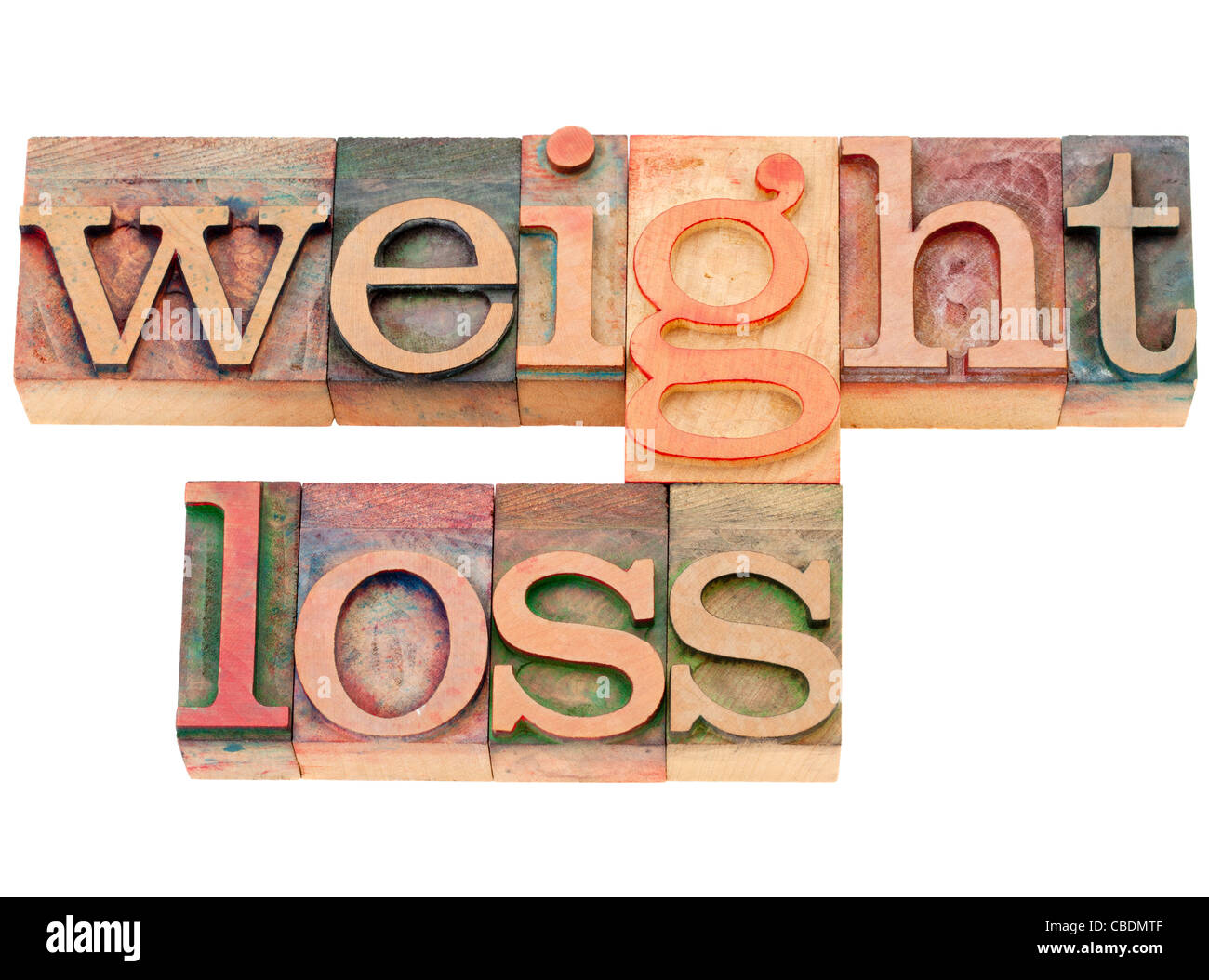 Gewicht-Verlust - isolierte Wörter in Vintage Holz Buchdruck Typ Stockfoto