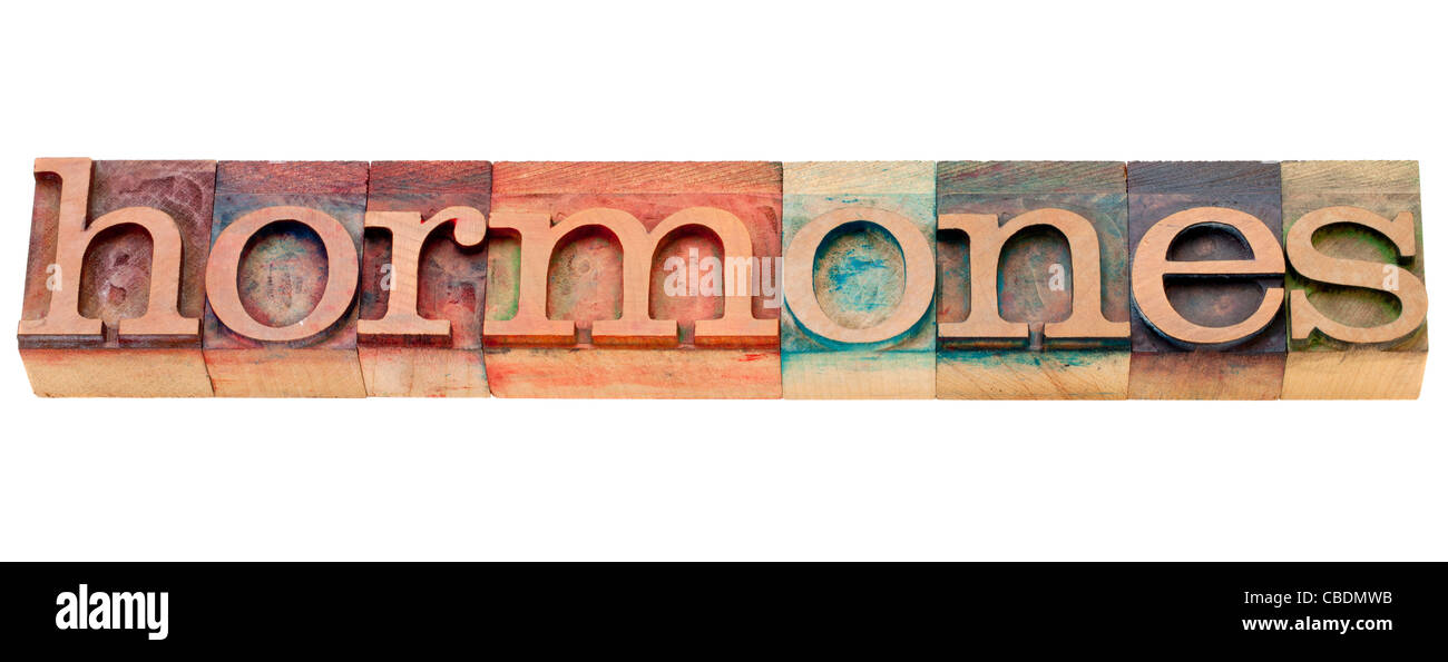 Hormone - Gesundheitskonzept - isoliert Wort in Vintage Holz Buchdruck Druckstöcken durch Farbe Farben gefärbt Stockfoto