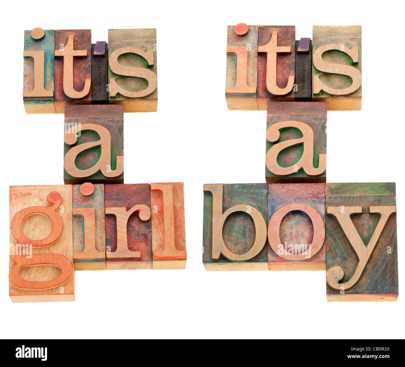 Es ist ein Mädchen (junge) - eine glückliche Ankündigung in zwei Versionen - isoliert Vintage Holz Druckstöcke Stockfoto
