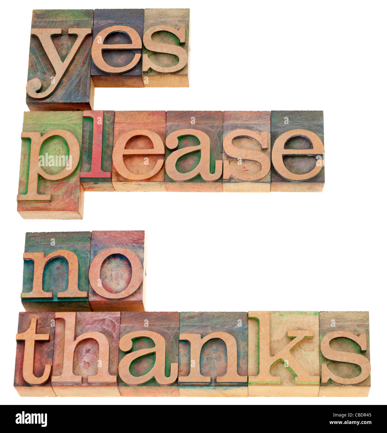 Ja bitte, Nein danke - zwei isolierten Sätze in Vintage Holz Buchdruck Druckstöcke Stockfoto
