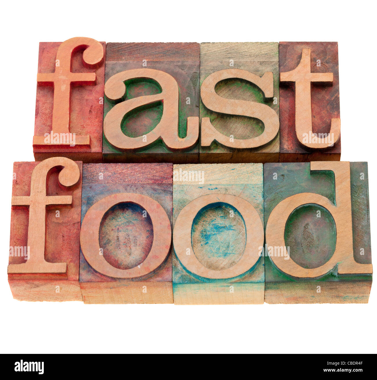 Fast-Food - isolierte Wörter in Vintage Holz Buchdruck Druckstöcke Stockfoto