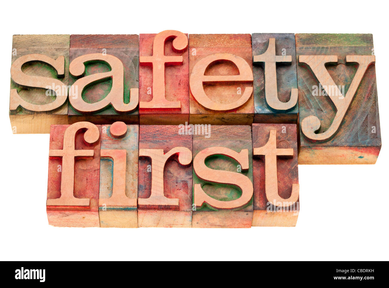 Safety first - Satz in Vintage Holz Buchdruck Druckstöcken isoliert Stockfoto