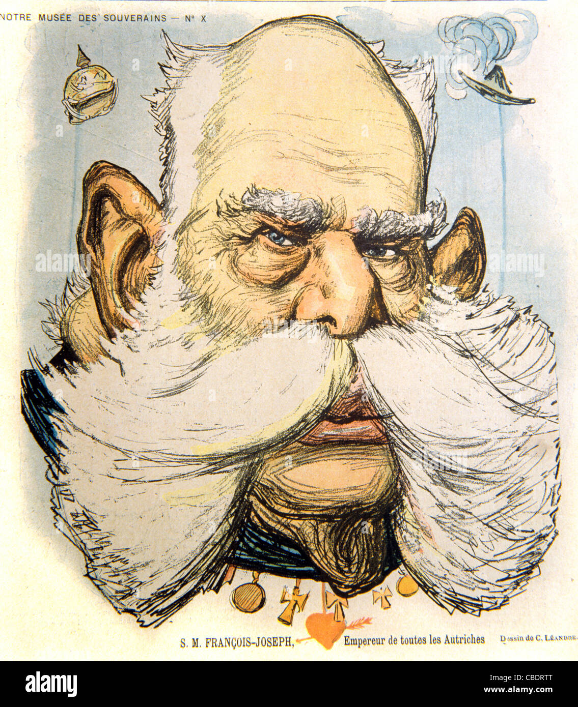 Karikatur oder Porträt von Kaiser Franz oder Franz Joseph I., Kaiser von Österreich mit einem buschigen Schnurrbart, möglicherweise einem Handlebar-Schnurrbart oder Walrus-Schnurrbart. Cover des französischen Satiremagazins 'Le Rire', Oktober 1897 Stockfoto