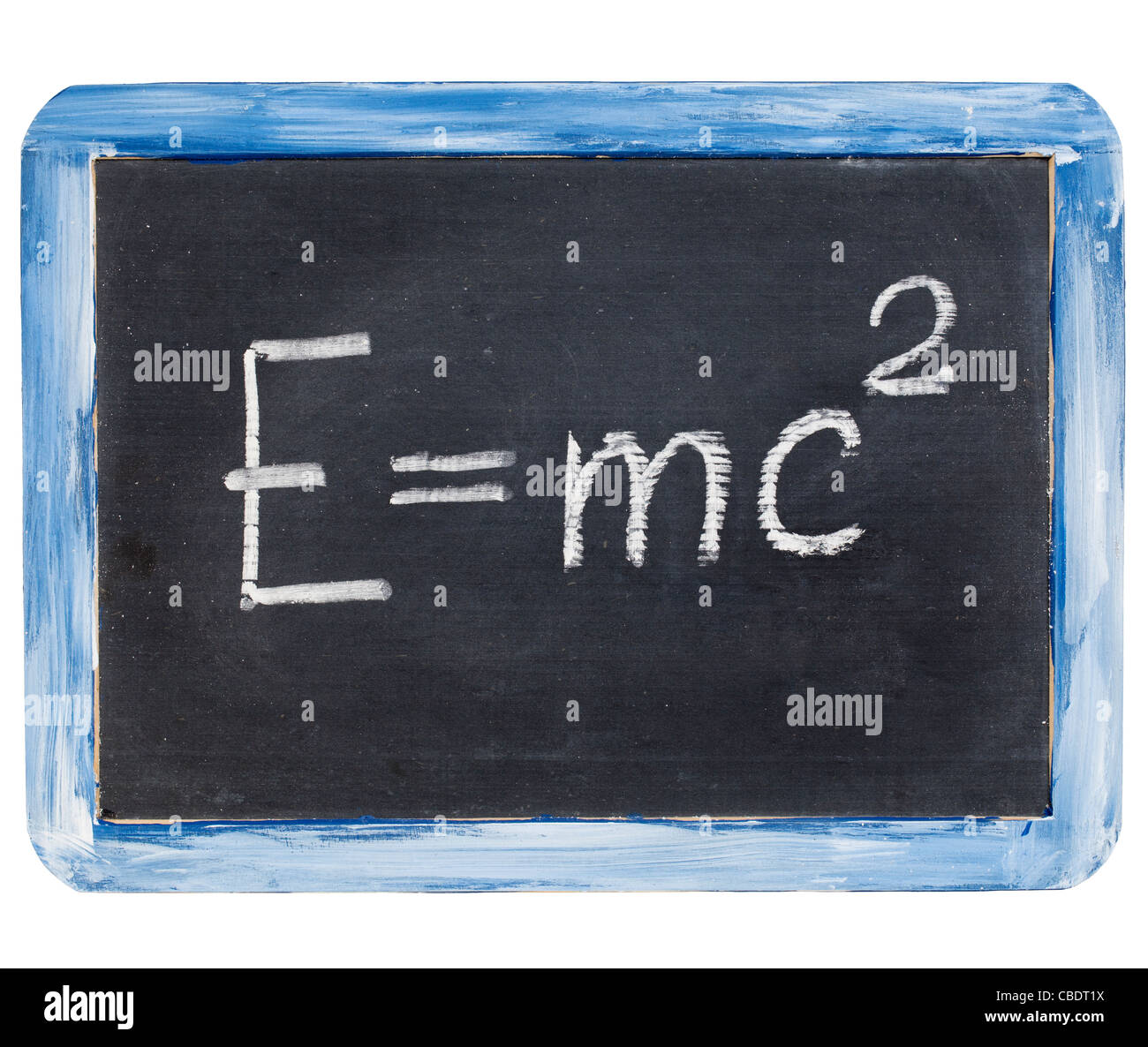 Physik-Bildungskonzept - Einstein-Gleichung auf einer kleinen Schiefertafel Tafel Stockfoto