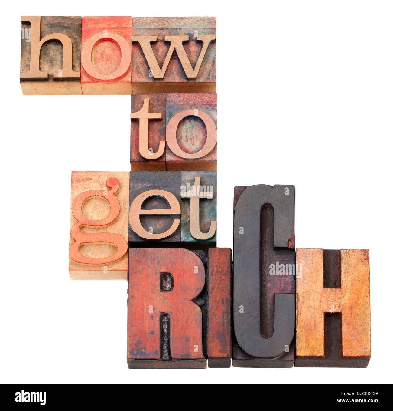 Wie man reich - isoliert Phrase im Vintage Holz Buchdruck Druckstöcke Stockfoto
