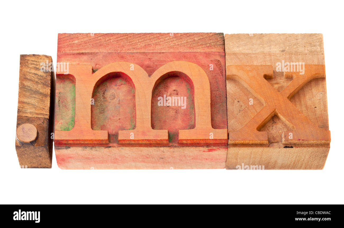 Dot Mx - Internet-Domain für Mexiko in Vintage Holz Buchdruck Druckstöcken, gefärbt durch Farbe Tinten, isoliert auf weiss Stockfoto