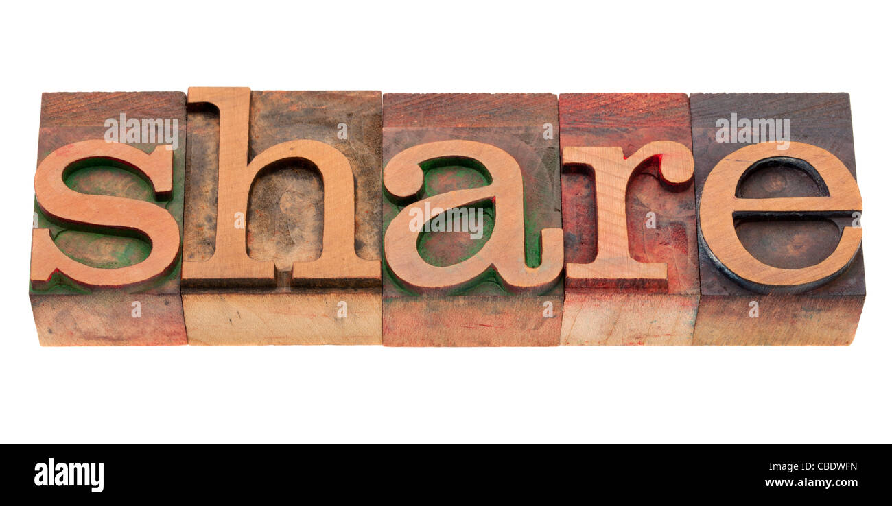Teilen Sie Wort in Vintage Holz Buchdruck Druckstöcken, befleckt durch Farbe Tinten, isoliert auf weiss Stockfoto