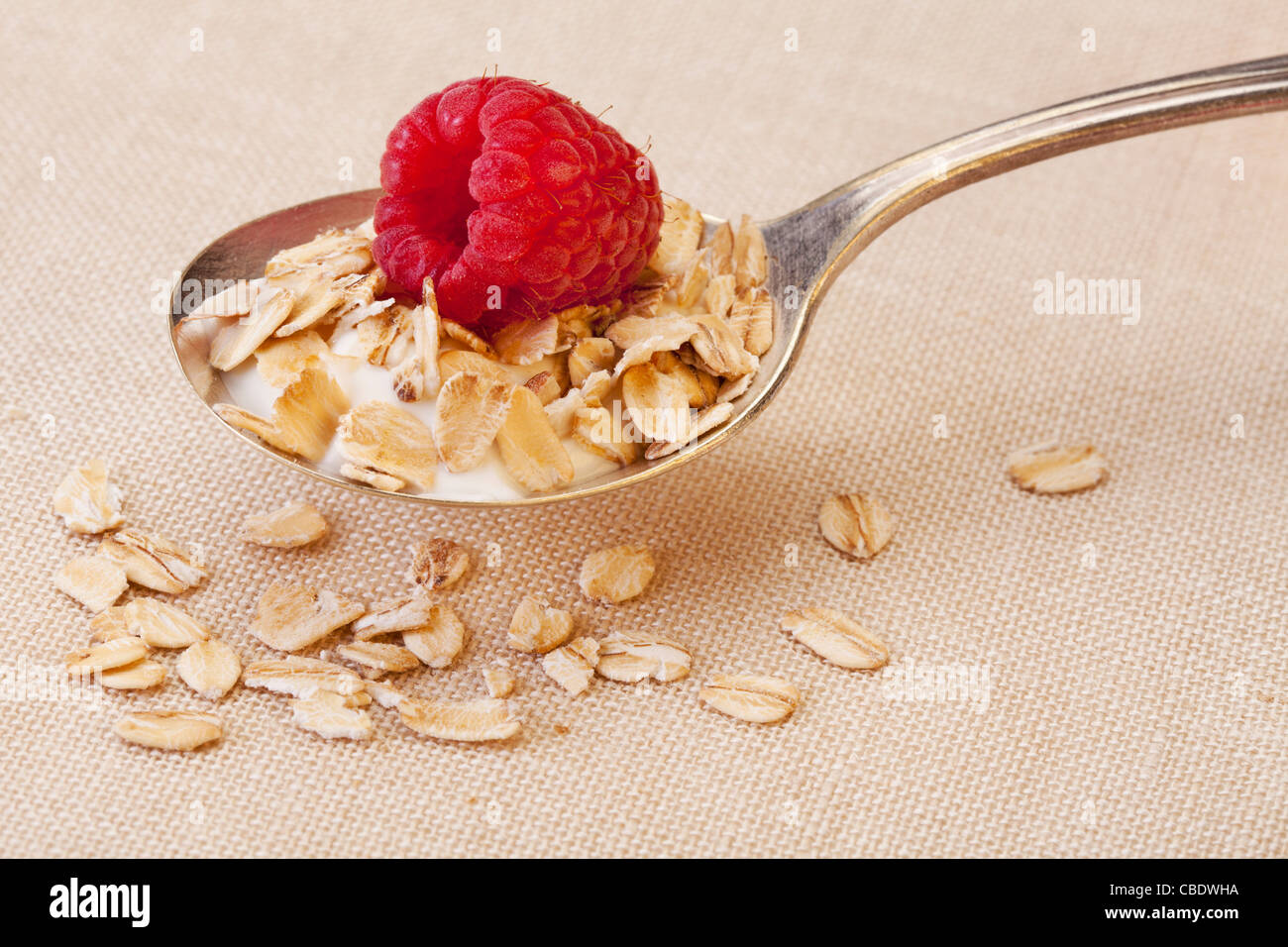 Löffel Haferflocken Müsli mit frischen Himbeeren und Milch über Tischdecke Stockfoto