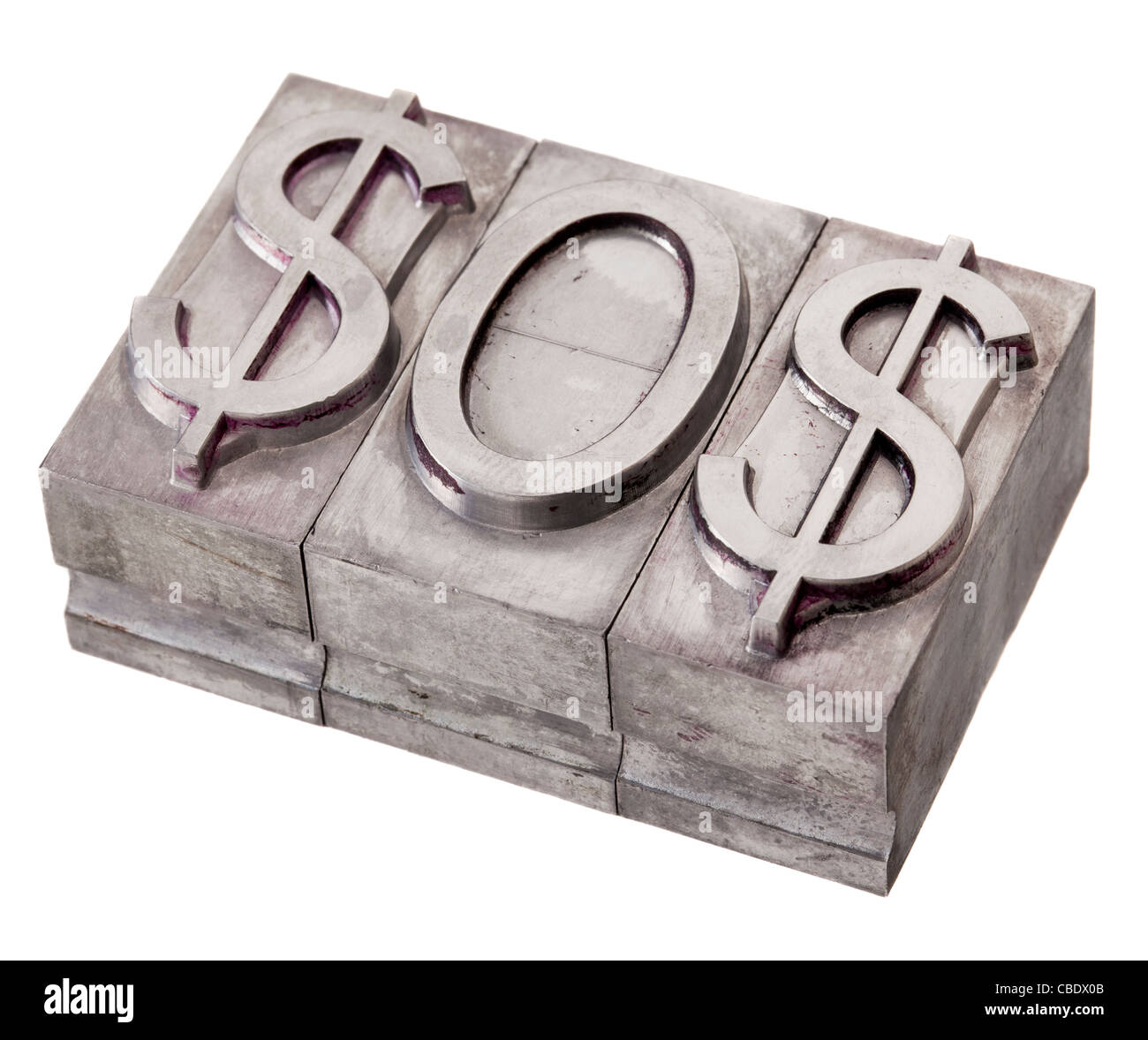 SOS-Notsignal mit Dollarzeichen geschrieben, Vintage Metall Druckstöcken, isoliert auf weiss Stockfoto