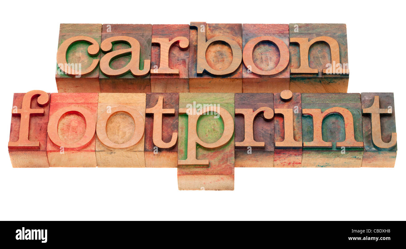 Kohlenstoff-Fußabdruck - Wort Sünde Vintage Holz Buchdruck Druckstöcken, gefärbt durch Farbe Tinten, isoliert auf weiss Stockfoto
