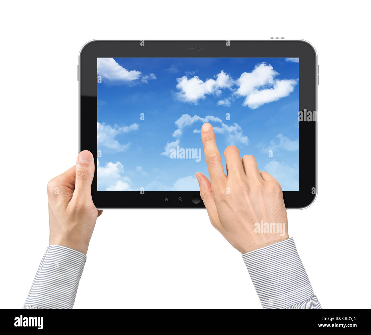 Geschäftsmann Hände sind Holding und Punkt auf modernen Tablet-pc mit Wolkengebilde auf dem Bildschirm. Konzept zum Thema Cloud computing. Stockfoto