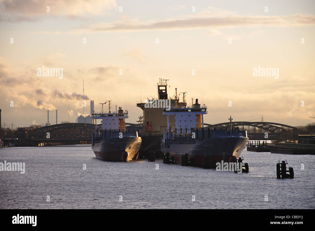 Schiffe vor Anker im Hafen, Hamburg, Metropolregion Hamburg, Bundesrepublik Deutschland Stockfoto