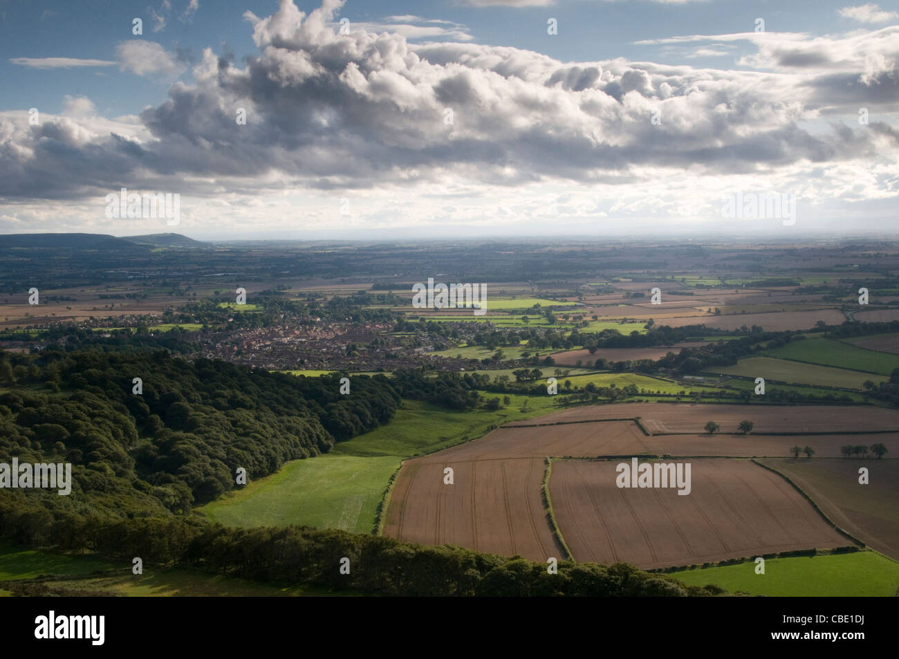 Landschaft Foto aus Nähe topping, grüne Feldern, Bäumen und weitläufigen Wolken Stockfoto