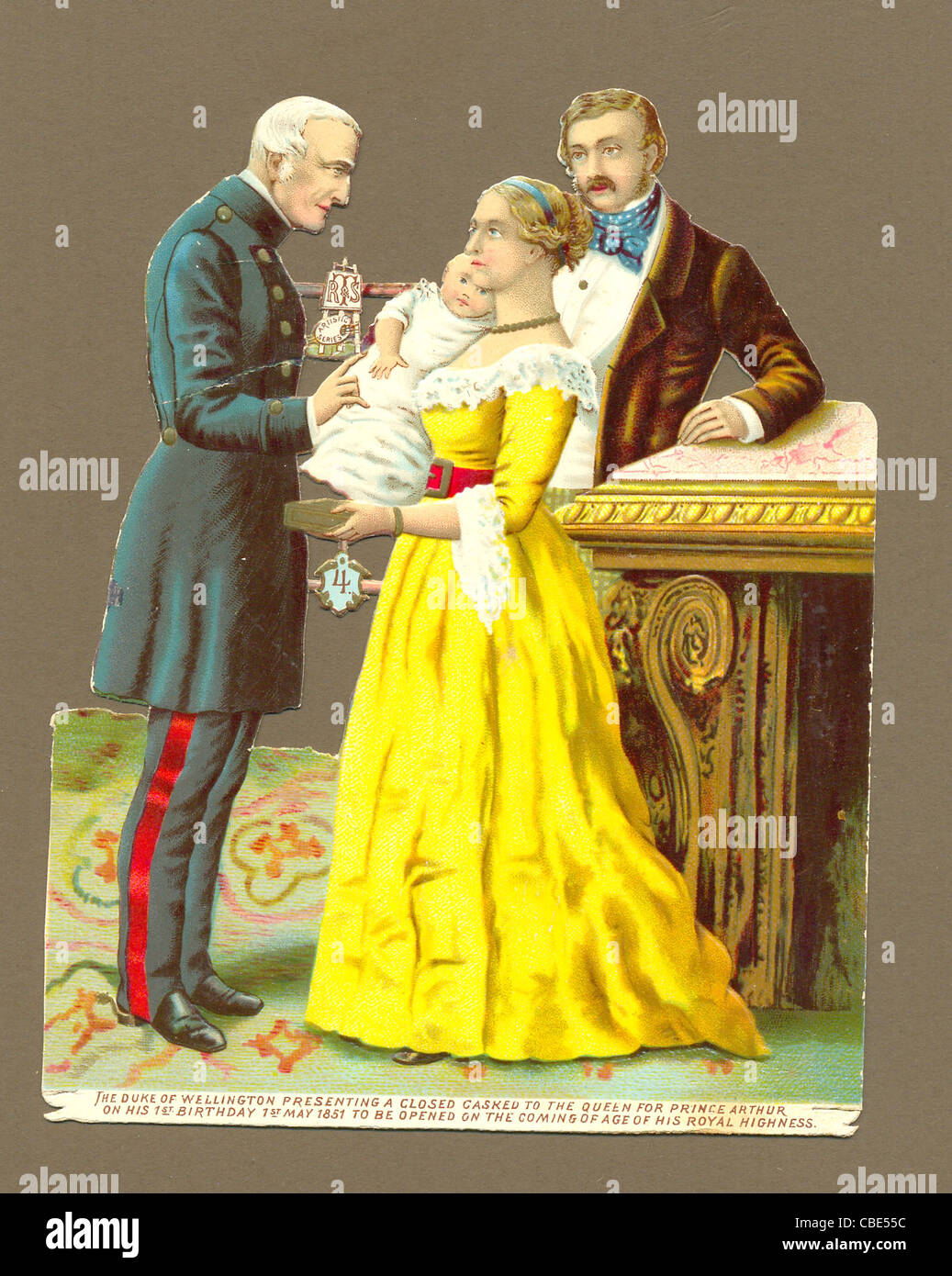Chromolithographed gestanzt Schrott von dem Herzog von Wellington in 1851 präsentiert einen Sarg für Königin Victoria Stockfoto