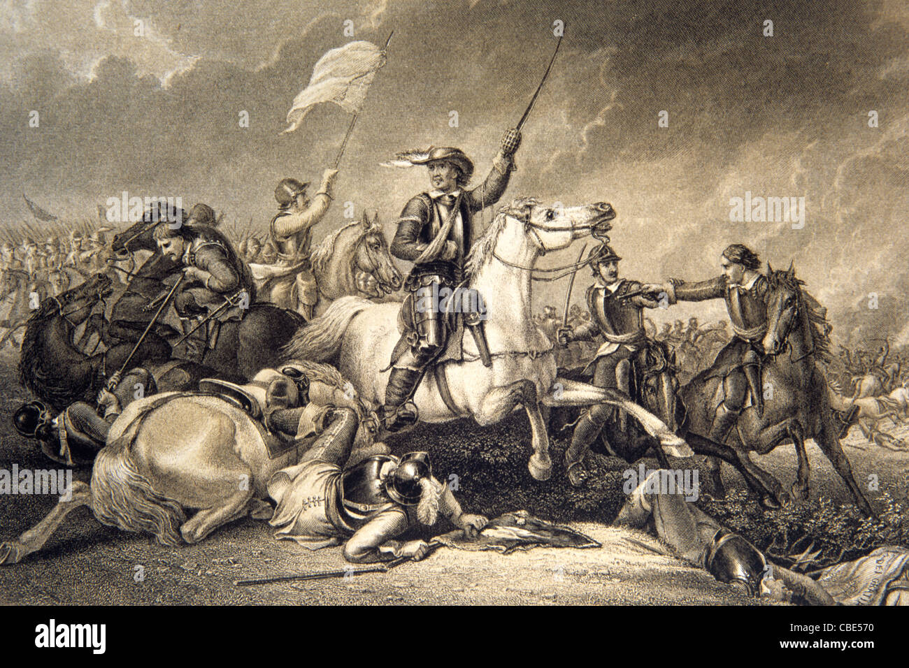 Oliver Cromwell bei der englischen Bürgerkriegsschlacht von Marston Moor (1644) c19th Graving After Painting von Abraham Cooper. Vintage Illustration oder Gravur Stockfoto