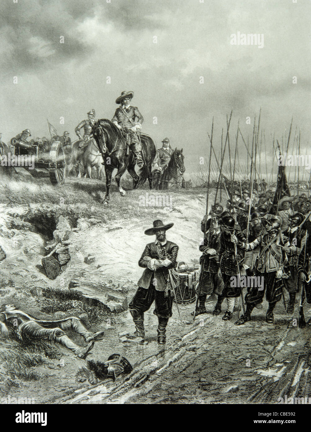 Oliver Cromwell bei English Civil war Battle of Marston Moor (1644) aus einem Gemälde von Ernest Croft. Vintage Illustration oder Gravur Stockfoto