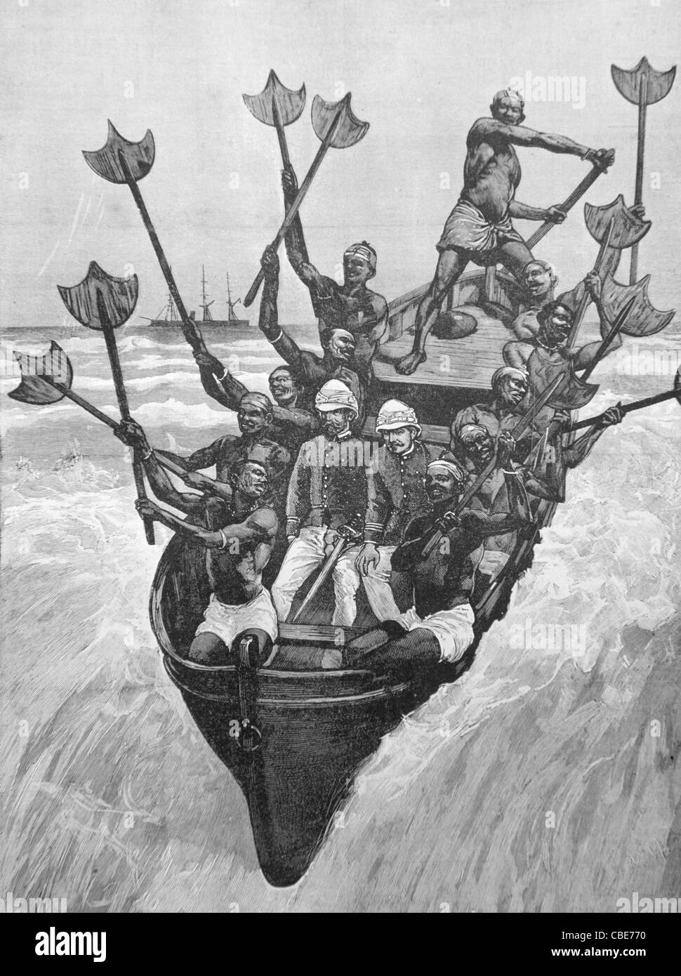 Französische Kolonialoffiziere kommen an der Küste an, die von Einheimischen im Landing Boat in Cotonou, Dahomey, jetzt Benin, gepaddelt wird. 1892 Gravieren oder Vintage Illustration Stockfoto