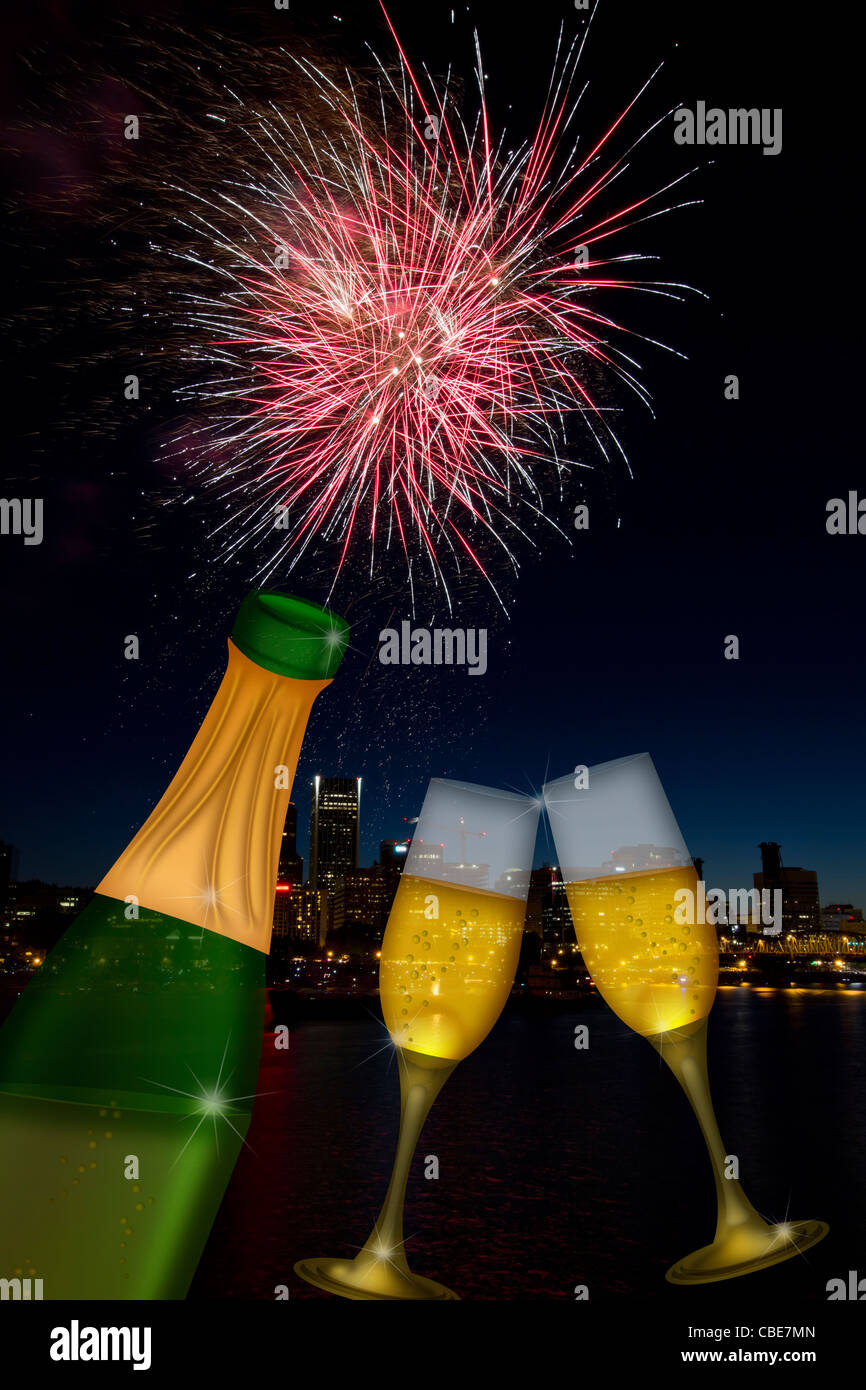 Champagner-Flasche und Glas Flöten mit Portland Oregon City Skyline und Feuerwerk Illustration Stockfoto