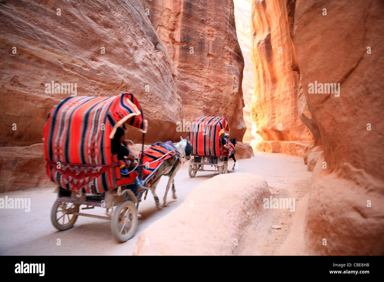 Touristen mit Esel Karts in Petra Jordanien transportiert Stockfoto