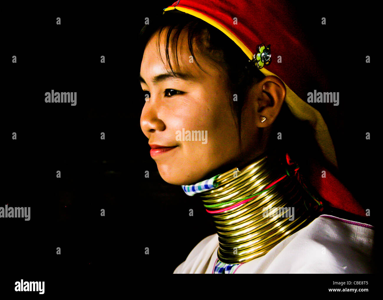 Porträt eines Mädchens aus dem langen Hals-Stamm in Myanmar Stockfoto