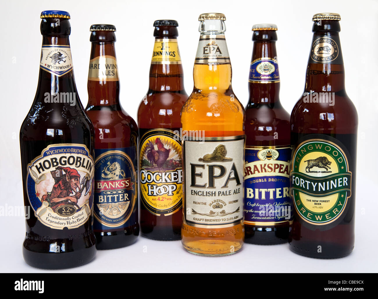 Eine Auswahl von verschiedenen britischen Bieren, Großbritannien Stockfoto