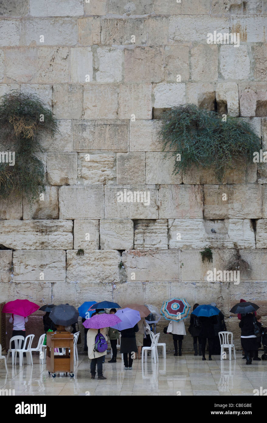 Frauen mit Schirm an der Klagemauer beten. Altstadt von Jerusalem. Israel Stockfoto