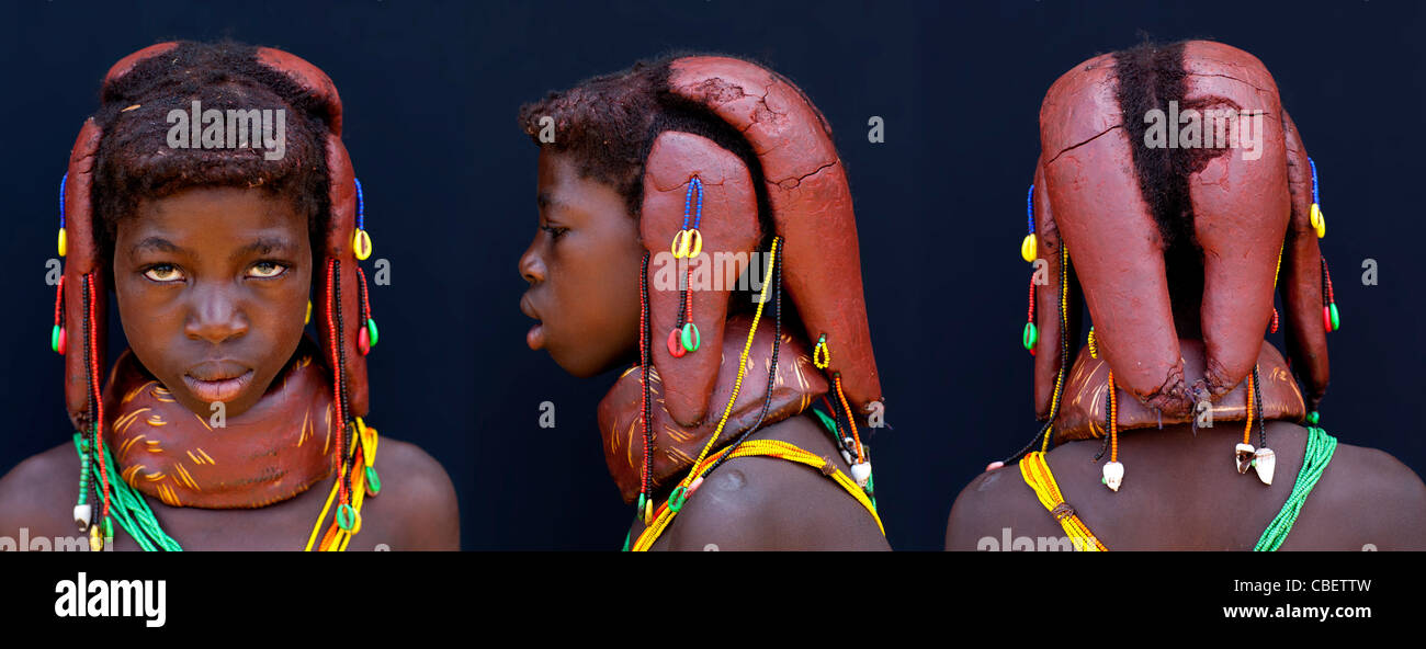 Mwila Mädchen mit einer Frisur, die mit Oncula, Angola Stockfoto