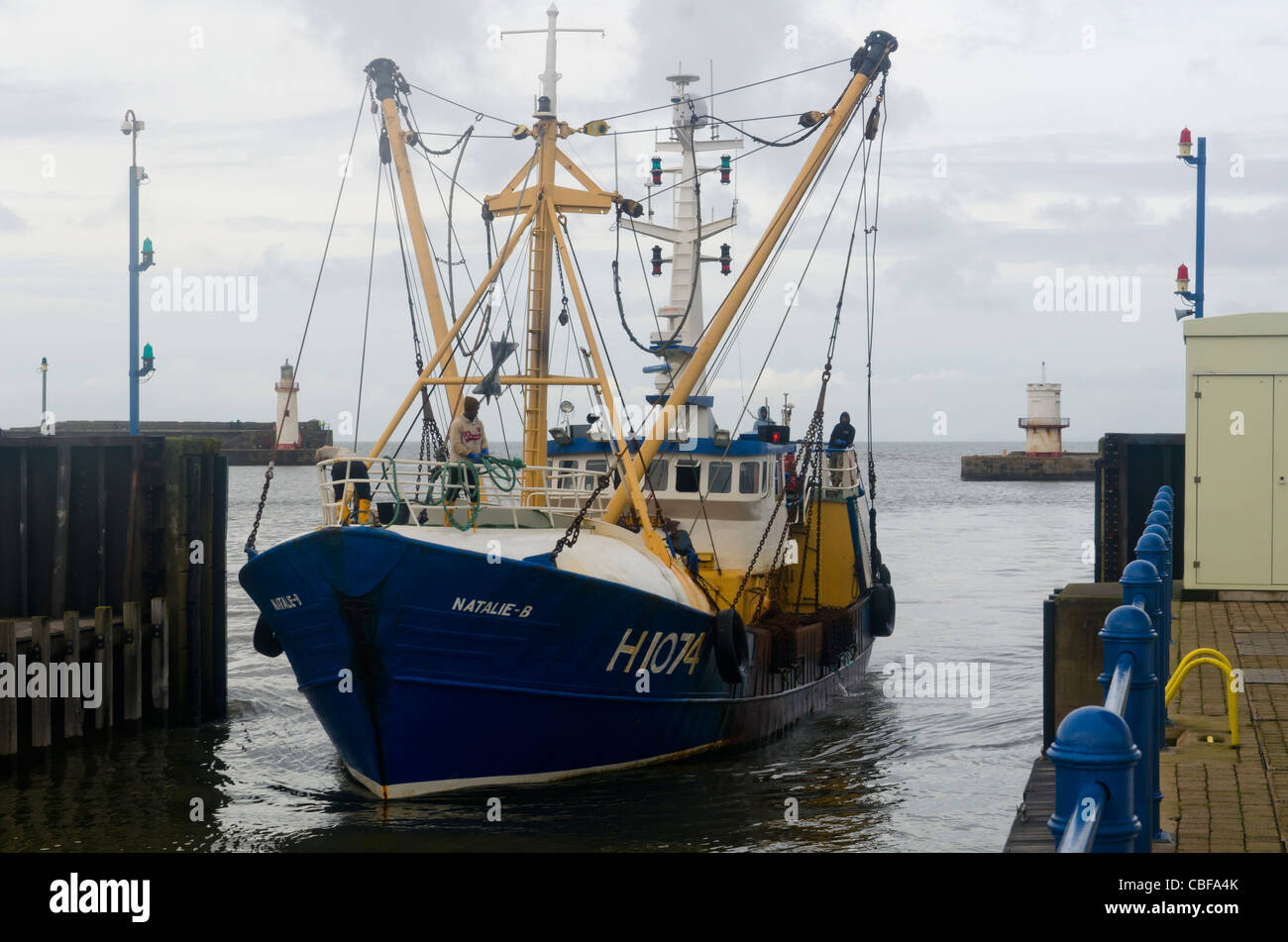 Ein Fischerboot 'Natalie B' eine Jakobsmuschel Schaufler im Rumpf registriert Eintritt in die Schlösser der Hafen Whitehaven, Cumbria, England, UK. Stockfoto