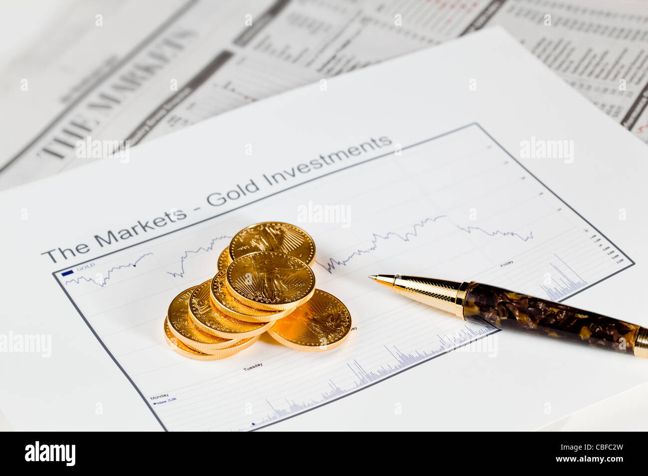 Gold Eagle 1 Unze Münzen gestapelt in Graphen des Goldes im Wirtschaftsteil der Zeitung mit Diagramme, Drop in Preise Stockfoto