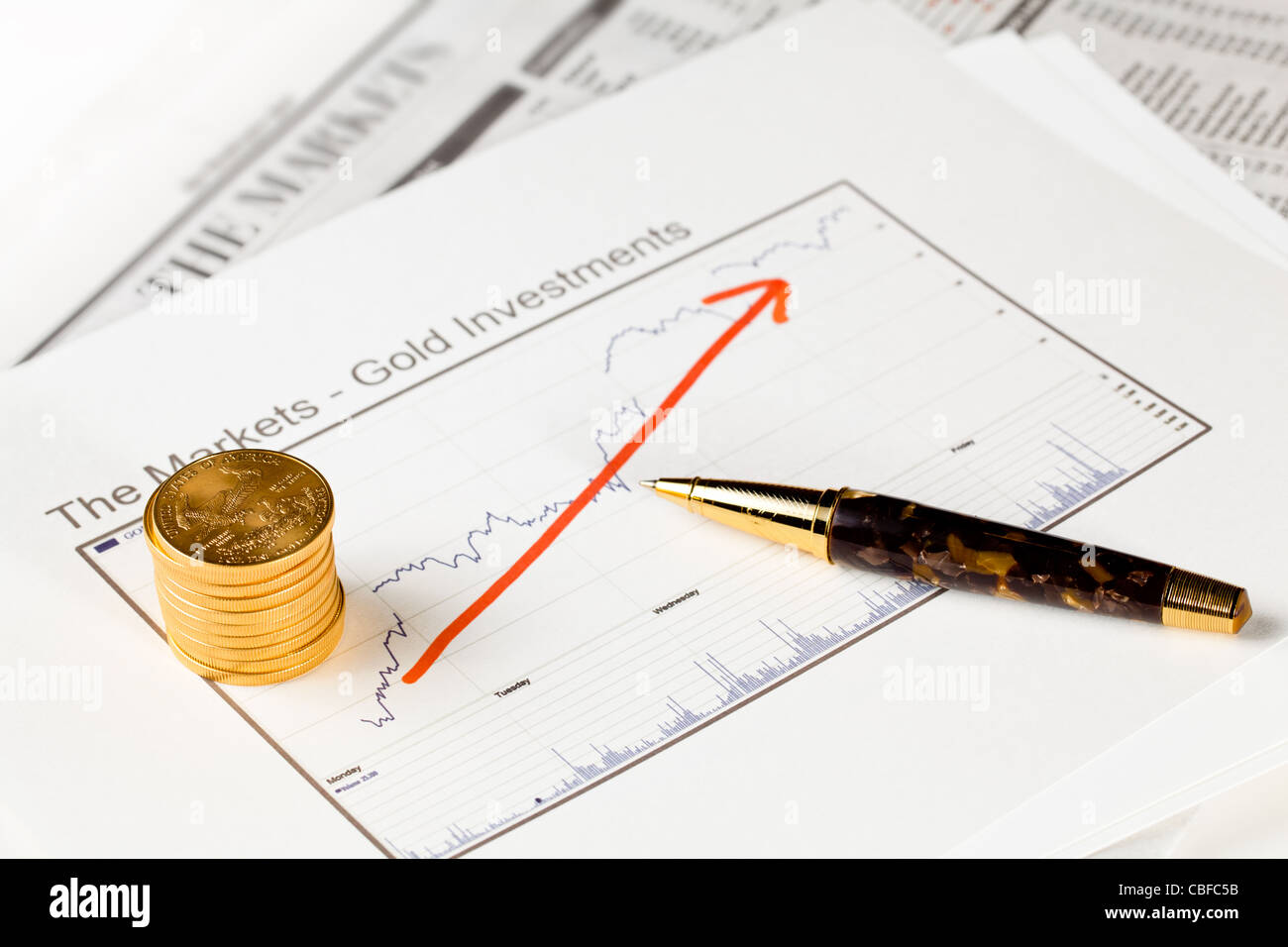 Eine Unze Gold Eagle Münzen in den Graphen der Goldpreis auf die Seiten der Zeitung mit Graphiken, die Erhöhung der Wert gestapelt Stockfoto