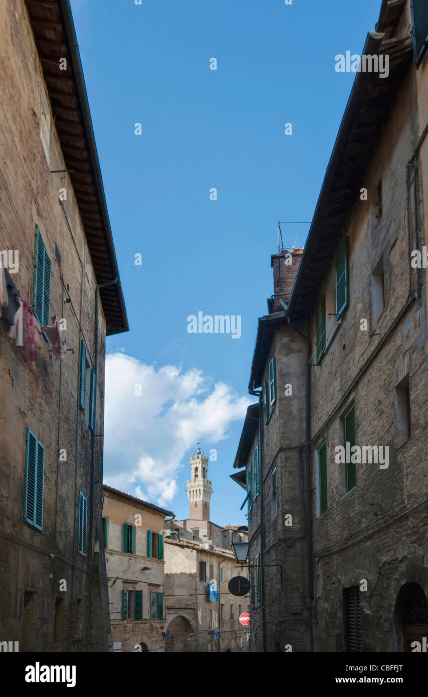 Europa, Italien, Toskana, Siena, mittelalterliche Gasse mit Torre del Mangia im Hintergrund Stockfoto