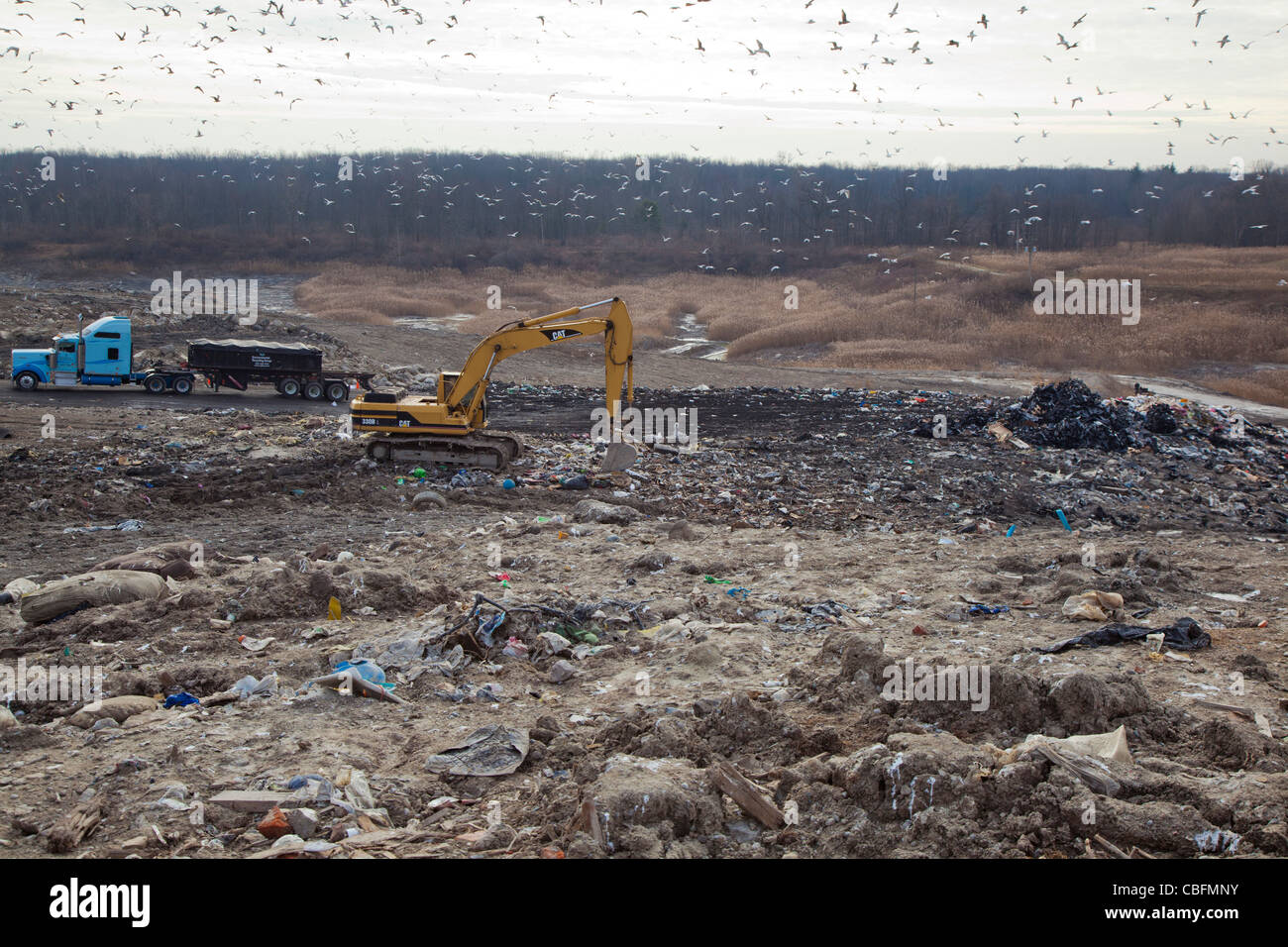 Smiths Creek, Michigan - bereitet ein LKW Müll im St. Clair County Smith Creek Deponie zu entladen. Stockfoto