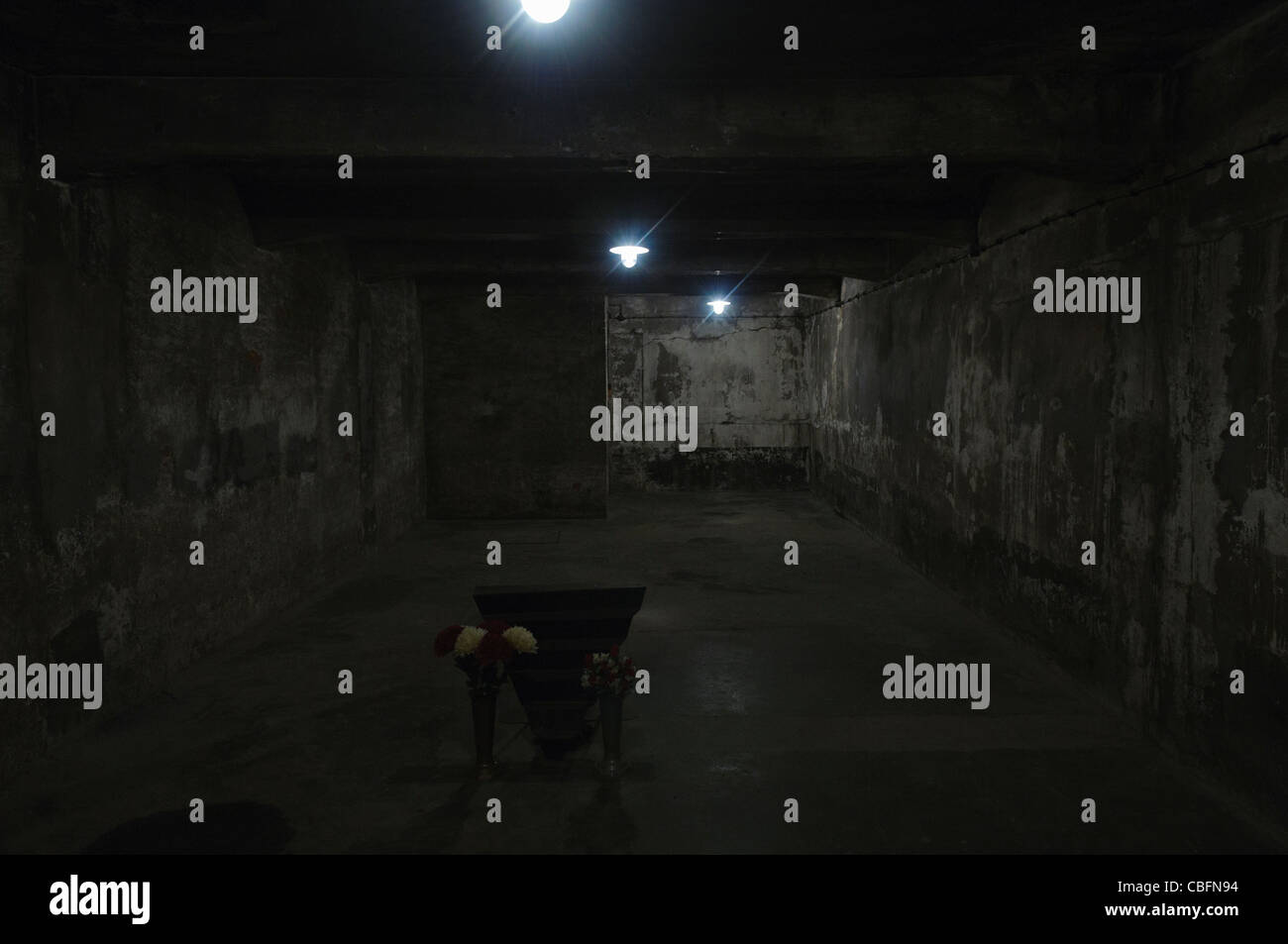 In der Gaskammer, KZ Auschwitz, die 700 Menschen auf einmal vernichten könnten Stockfoto