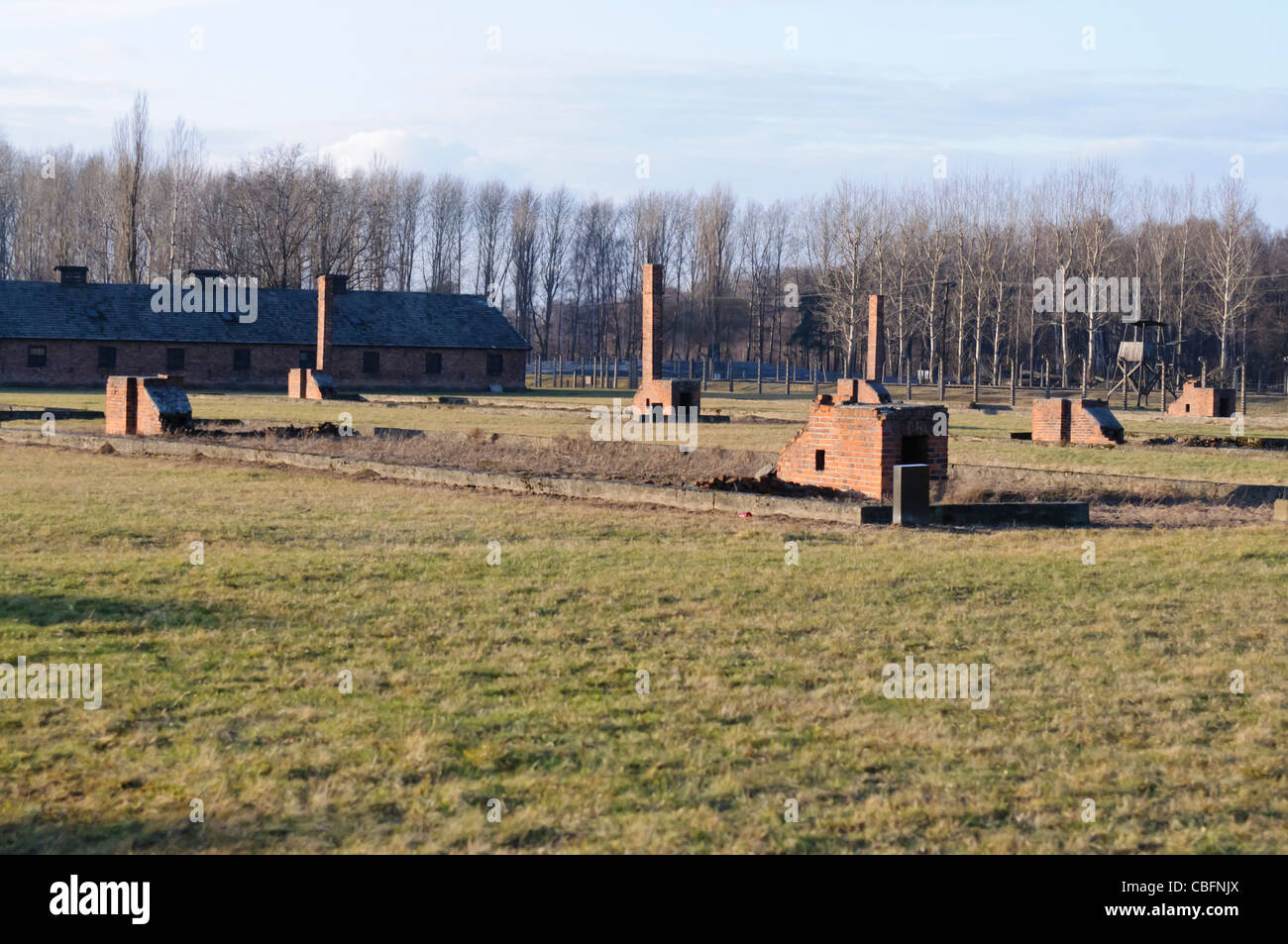 Backstein bleibt der Holzbaracken im KZ Auschwitz II Berkenau WW2 Nazi, von Nazis verbrannt, als Sowjets näherte Stockfoto