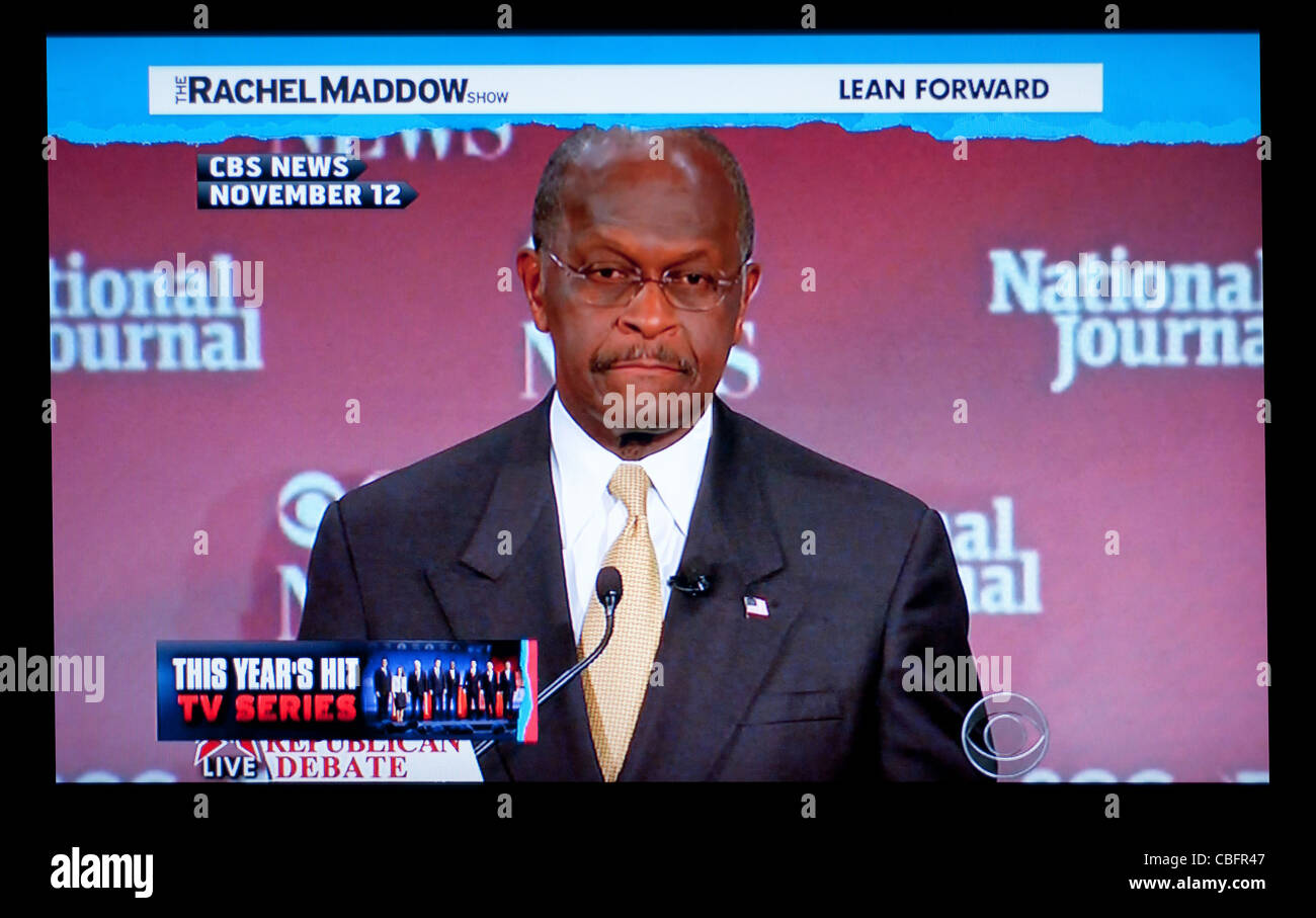 Nachrichten-Clip des Präsidentschaftskandidaten Herman Cain an der 12. November 2011, republikanischen Debatte auf CBS News und MSNBC Stockfoto
