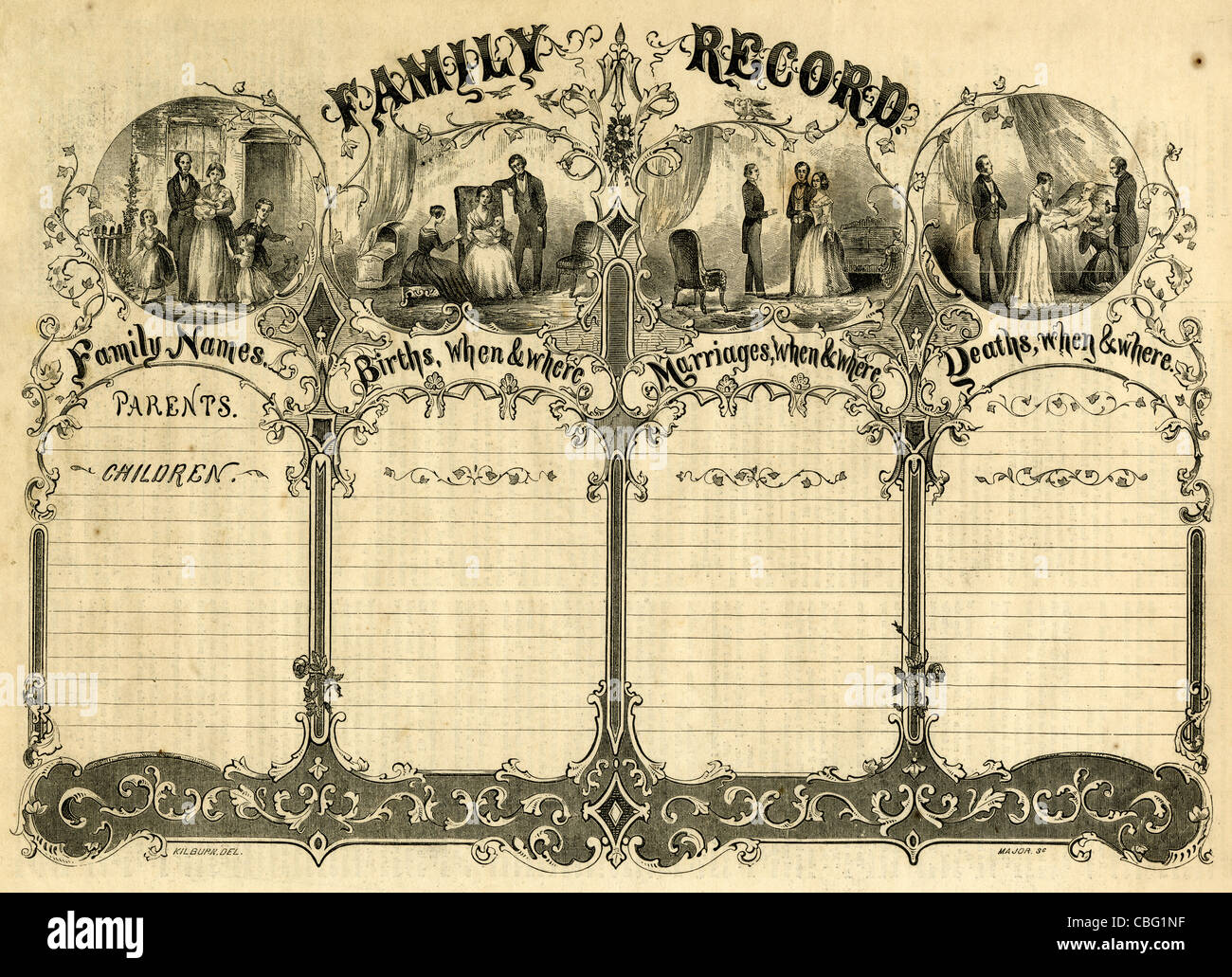 1854-Gravur, "Familie Record" Diagramm für Genealogie. Stockfoto