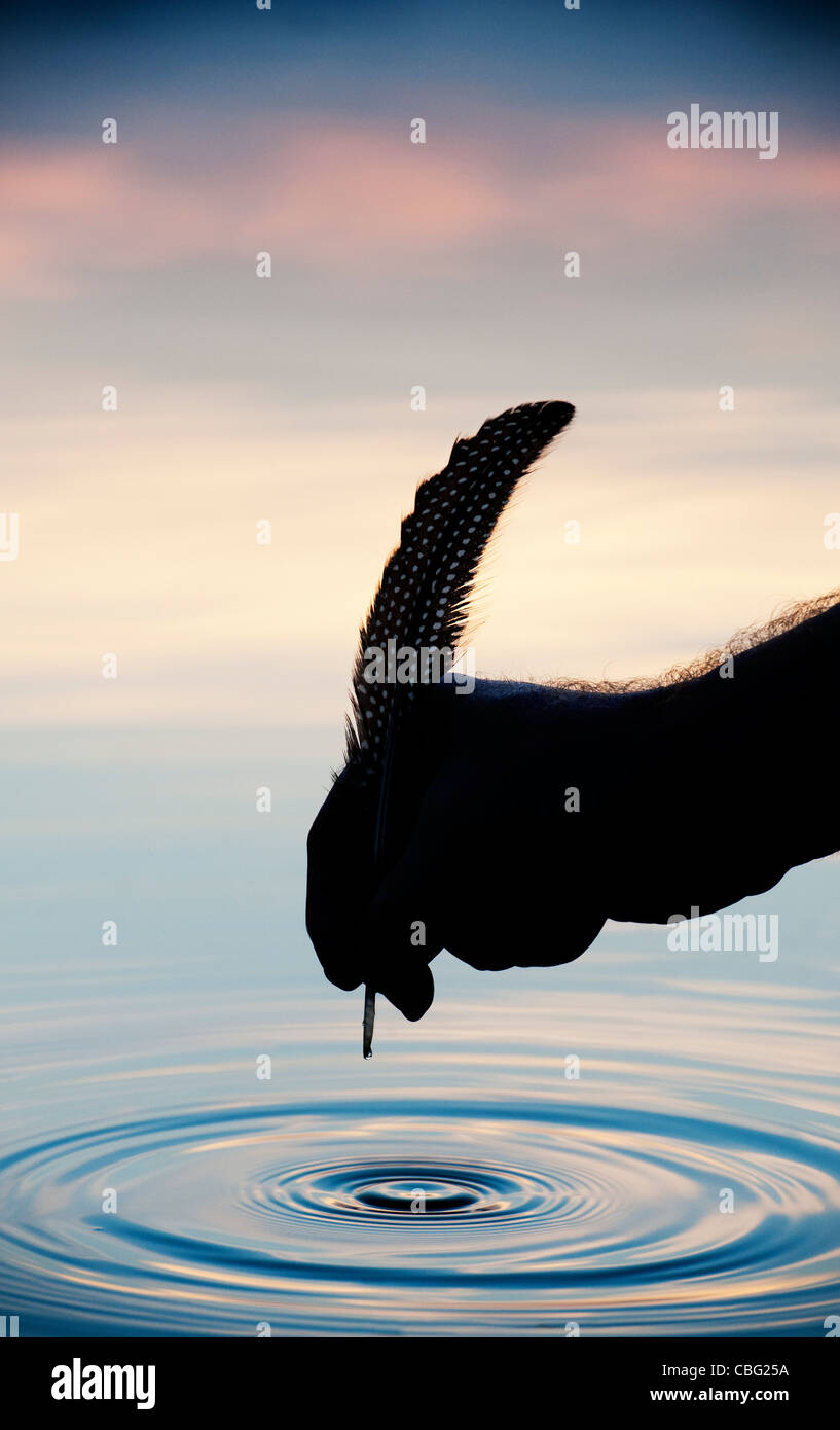 Hand halten Feder über dem Wasser mit Wellen-silhouette Stockfoto